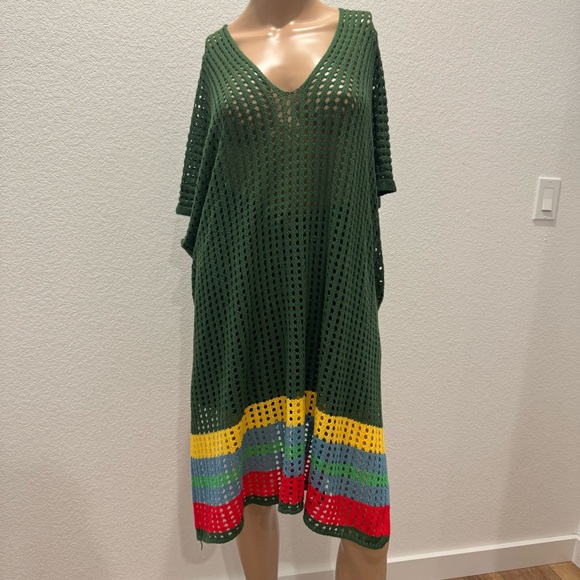 Crochet Knit Sweater Dress Tunic Green Multicolor Stripes 2XL – Fall Layering - Picture 8 of 9